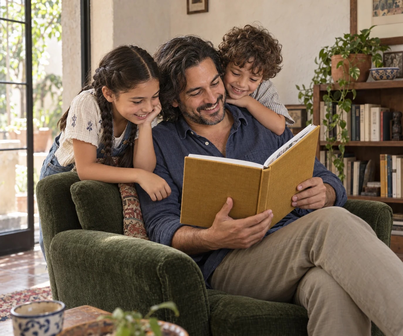 A father and his two children enjoying a printed photo album together.