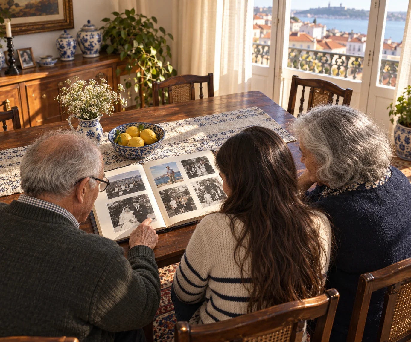 Grandparents and their granddaughter enjoying a family album at the dining table.