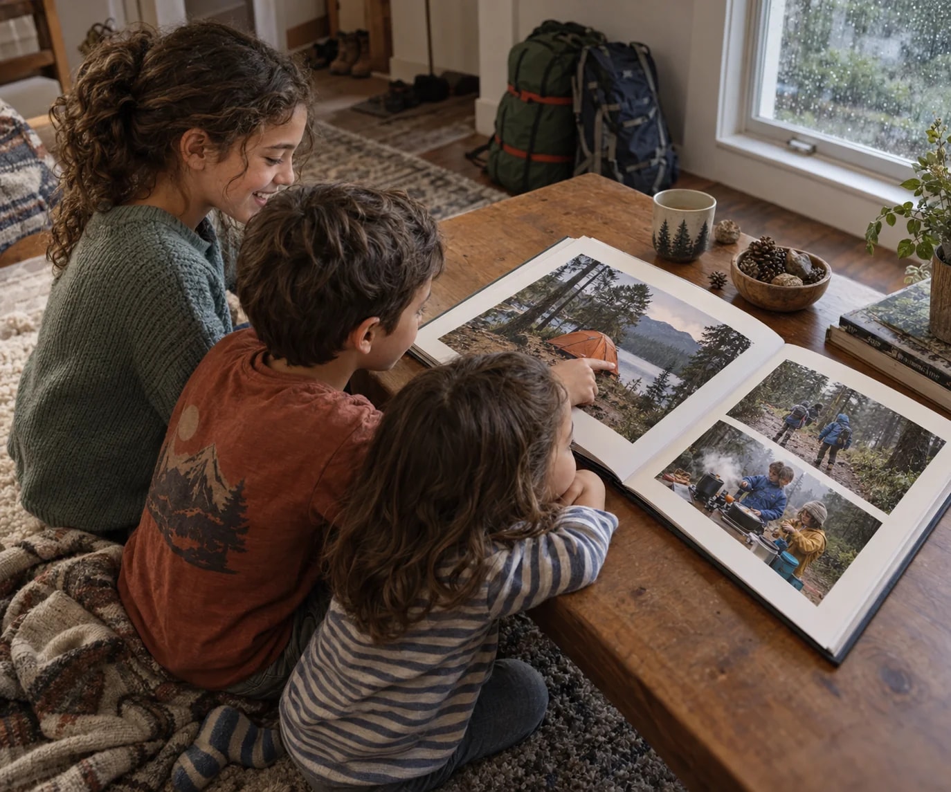 Three children looking through a photo album from a family camping trip.