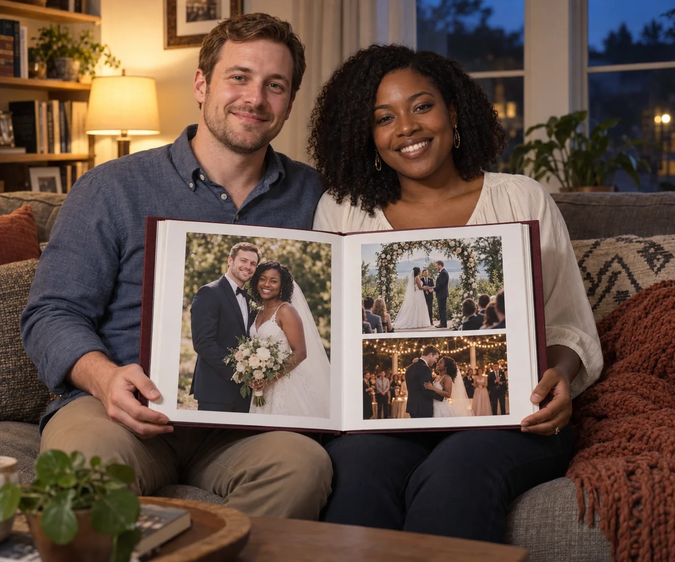 A couple showing their open wedding album at home in the evening.