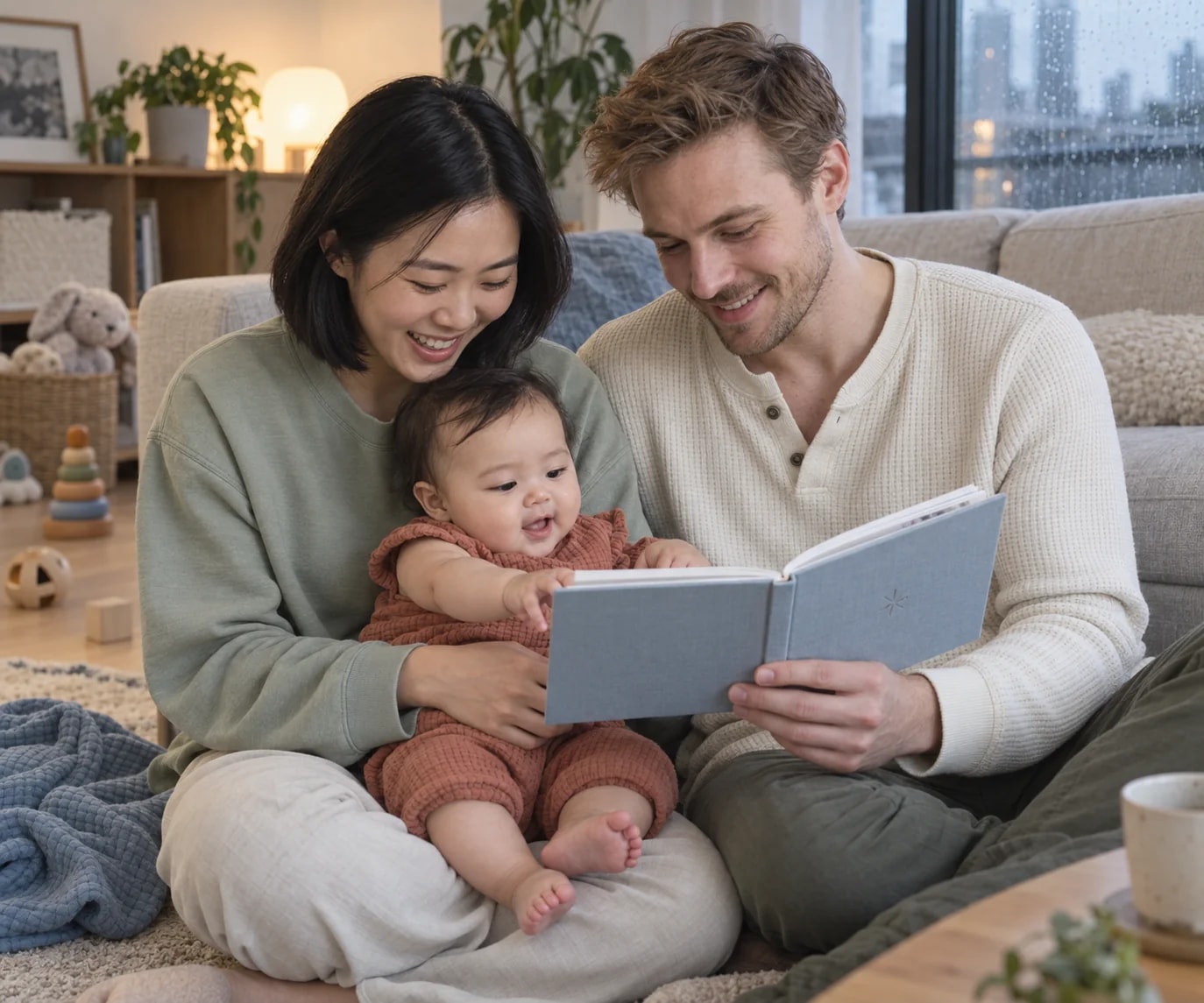 Parents and their baby enjoying a small photo album together.