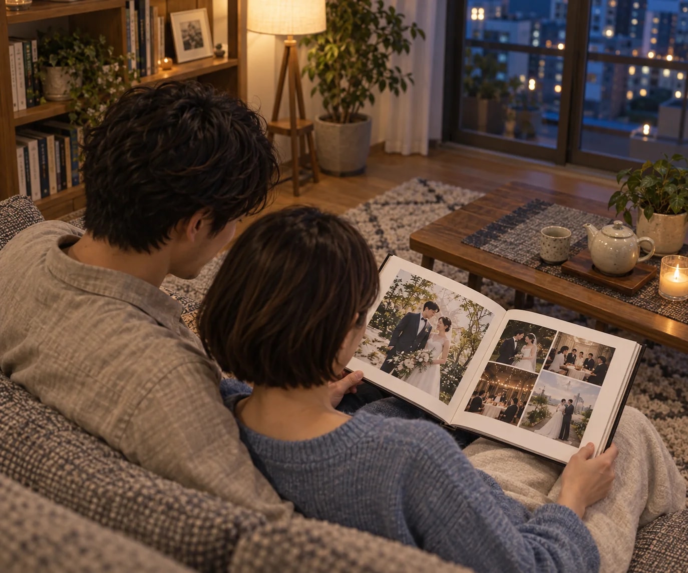 A couple sharing a wedding album in their apartment in the evening.