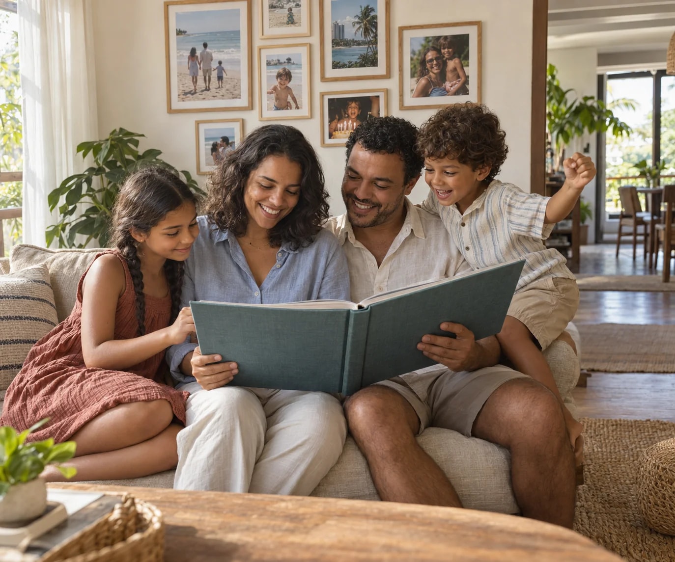 Parents and their two children enjoying a photo album in a bright tropical home.